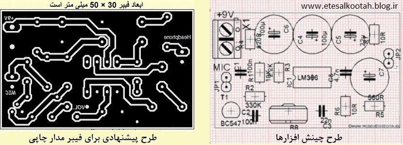طرح فیبر مدار چاپی و چینش افزاره های استتسکوپ یا تقویت کننده ی صداهای ضعیف طرح فیبر مدار چاپی و چینش افزاره های استتسکوپ یا تقویت کننده ی صداهای ضعیف